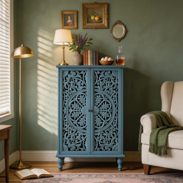 Main image of Accent Storage Cabinet, 2 Door Decorative Cabinet with Hollow Carved Doors Adjustable Shelf Freestanding Display