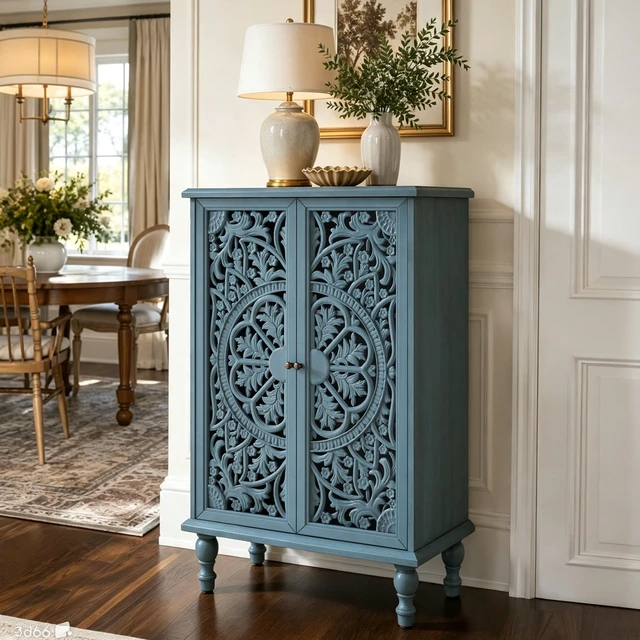 Alt view image 5 of 7 - Accent Storage Cabinet, 2 Door Decorative Cabinet with Hollow Carved Doors Adjustable Shelf Freestanding Display