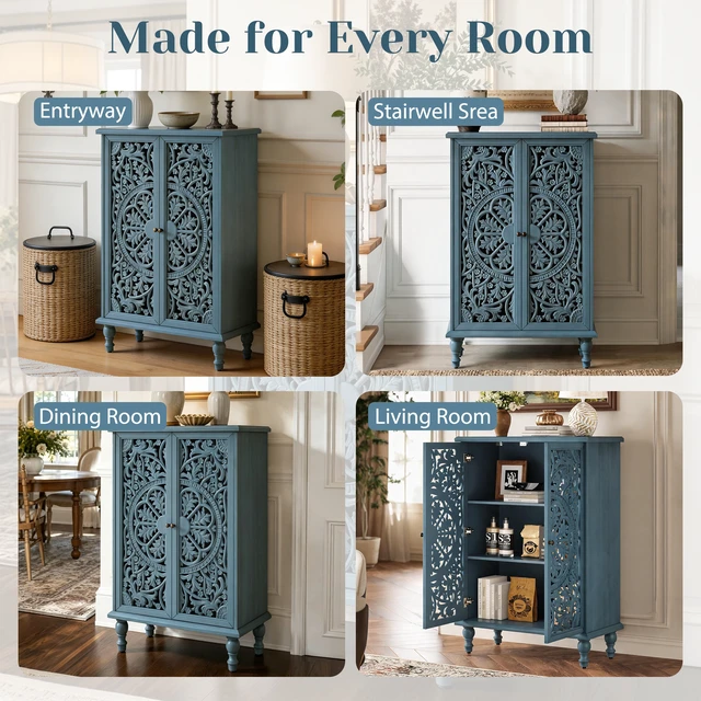 Alt view image 7 of 7 - Accent Storage Cabinet, 2 Door Decorative Cabinet with Hollow Carved Doors Adjustable Shelf Freestanding Display