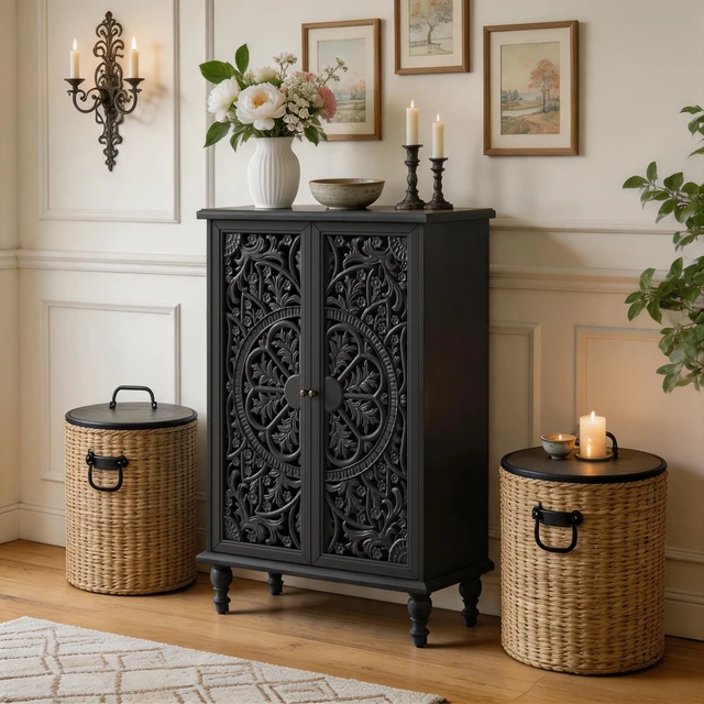 Alt view image 2 of 7 - 47 Inch Tall Accent Cabinet with Doors and Storage, Hollow Carved Double Door Display Cabinet with Adjustable Shelf