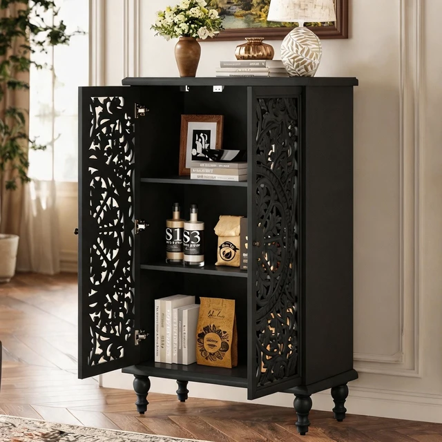 Alt view image 6 of 7 - 47 Inch Tall Accent Cabinet with Doors and Storage, Hollow Carved Double Door Display Cabinet with Adjustable Shelf