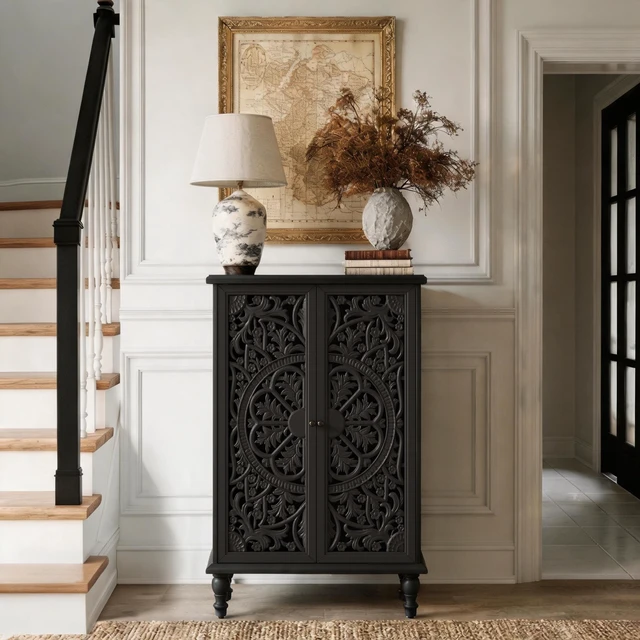 Alt view image 3 of 7 - 47 Inch Tall Accent Cabinet with Doors and Storage, Hollow Carved Double Door Display Cabinet with Adjustable Shelf