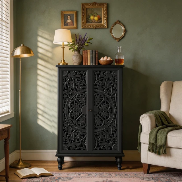 Main image of 47 Inch Tall Accent Cabinet with Doors and Storage, Hollow Carved Double Door Display Cabinet with Adjustable Shelf