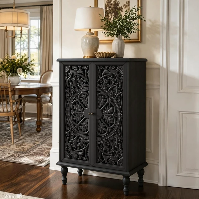Alt view image 4 of 7 - 47 Inch Tall Accent Cabinet with Doors and Storage, Hollow Carved Double Door Display Cabinet with Adjustable Shelf