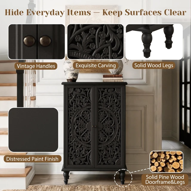 Alt view image 7 of 7 - 47 Inch Tall Accent Cabinet with Doors and Storage, Hollow Carved Double Door Display Cabinet with Adjustable Shelf