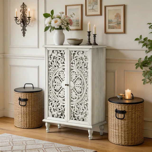 Alt view image 3 of 7 - 47 Inch Tall Accent Cabinet with Doors and Storage, Hollow Carved Double Door Display Cabinet with Adjustable Shelf