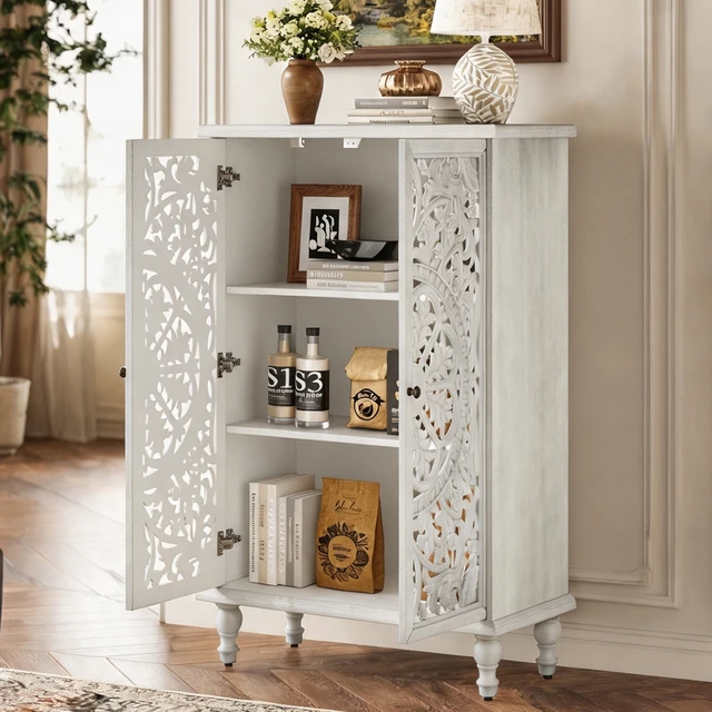 Alt view image 4 of 7 - 47 Inch Tall Accent Cabinet with Doors and Storage, Hollow Carved Double Door Display Cabinet with Adjustable Shelf