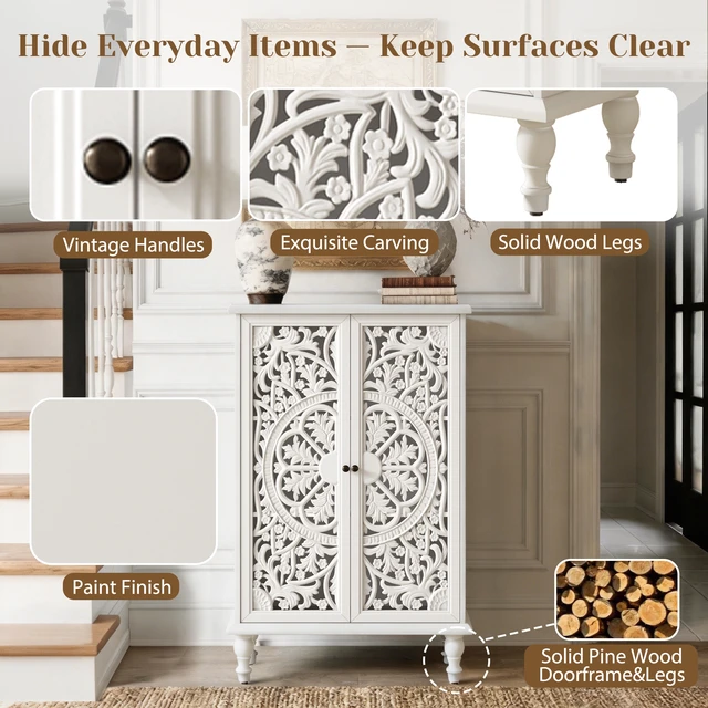 Alt view image 6 of 7 - 47 Inch Tall Accent Cabinet with Doors and Storage, Hollow Carved Double Door Display Cabinet with Adjustable Shelf