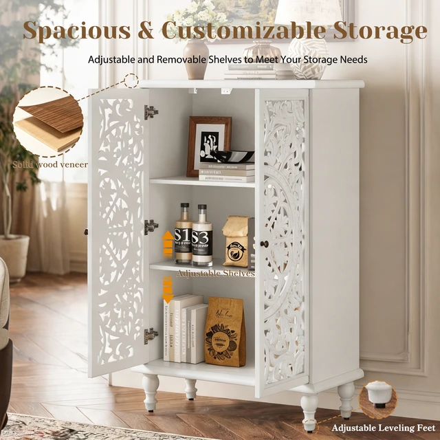 Alt view image 7 of 7 - 47 Inch Tall Accent Cabinet with Doors and Storage, Hollow Carved Double Door Display Cabinet with Adjustable Shelf