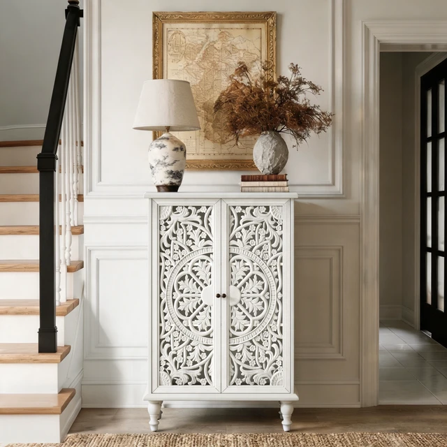 Alt view image 5 of 7 - 47 Inch Tall Accent Cabinet with Doors and Storage, Hollow Carved Double Door Display Cabinet with Adjustable Shelf