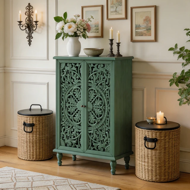 Alt view image 3 of 7 - Tall Accent Cabinet with Doors and Storage, Hollow Carved Double Door Display Cabinet with Adjustable Shelf and Turned