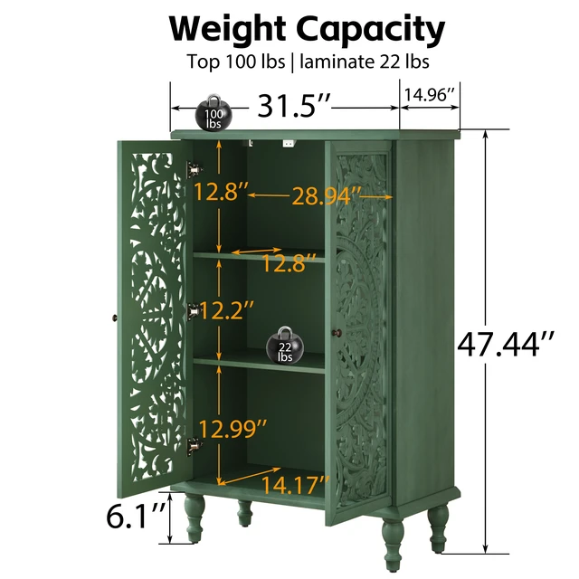 Alt view image 6 of 7 - Tall Accent Cabinet with Doors and Storage, Hollow Carved Double Door Display Cabinet with Adjustable Shelf and Turned