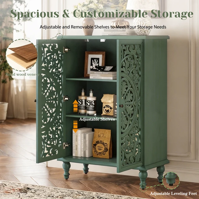 Alt view image 7 of 7 - Tall Accent Cabinet with Doors and Storage, Hollow Carved Double Door Display Cabinet with Adjustable Shelf and Turned