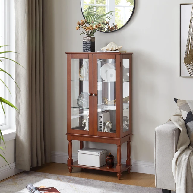 Alt view image 4 of 5 - Curio Cabinet Lighted Curio Display Cabinet with Open Storage Space, Solid Wood Legs and Adjustable Shelves Acrylic