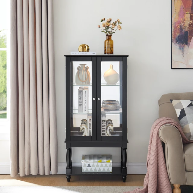 Main image of Curio Cabinet Lighted Curio Display Cabinet with Open Storage Space, Solid Wood Legs and Adjustable Shelves Acrylic