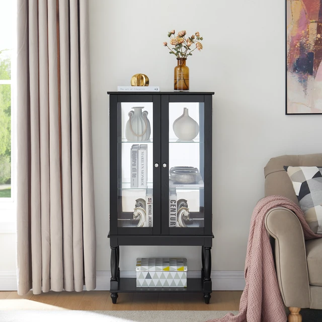 Alt view image 2 of 5 - Curio Cabinet Lighted Curio Display Cabinet with Open Storage Space, Solid Wood Legs and Adjustable Shelves Acrylic