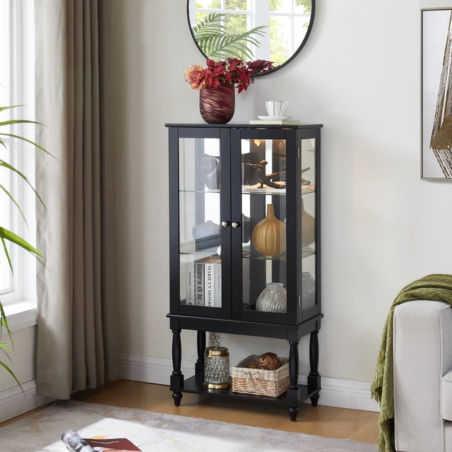 Alt view image 4 of 5 - Curio Cabinet Lighted Curio Display Cabinet with Open Storage Space, Solid Wood Legs and Adjustable Shelves Acrylic