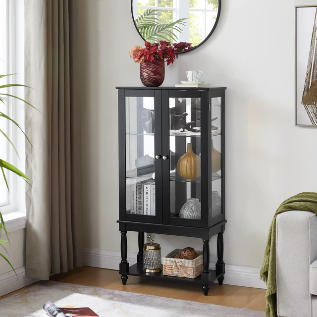 Alt view image 3 of 5 - Curio Cabinet Lighted Curio Display Cabinet with Open Storage Space, Solid Wood Legs and Adjustable Shelves Acrylic