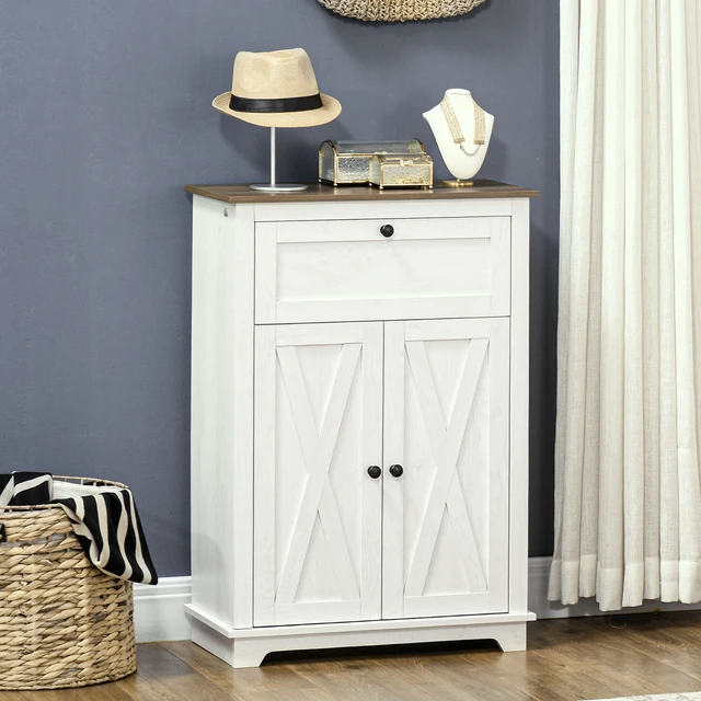 Alt view image 2 of 7 - Barn Door Accent Cabinet, Kitchen Sideboard Storage Cabinet with Double Doors Drawer and Adjustable Shelf for Living