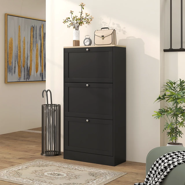 Alt view image 2 of 7 - Narrow Shoe Storage Cabinet for Entryway with Flip Drawers and Adjustable Shelves, Shoe Rack Organizer for Pairs Black