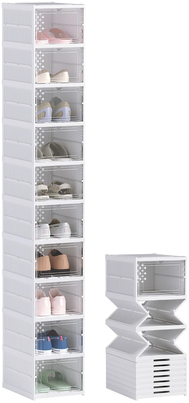 Main image of Pack Foldable Shoe Organizer, Plastic Assembly Stackable Shoe Storage Box with Clear Door Space Saving Fit Size, White