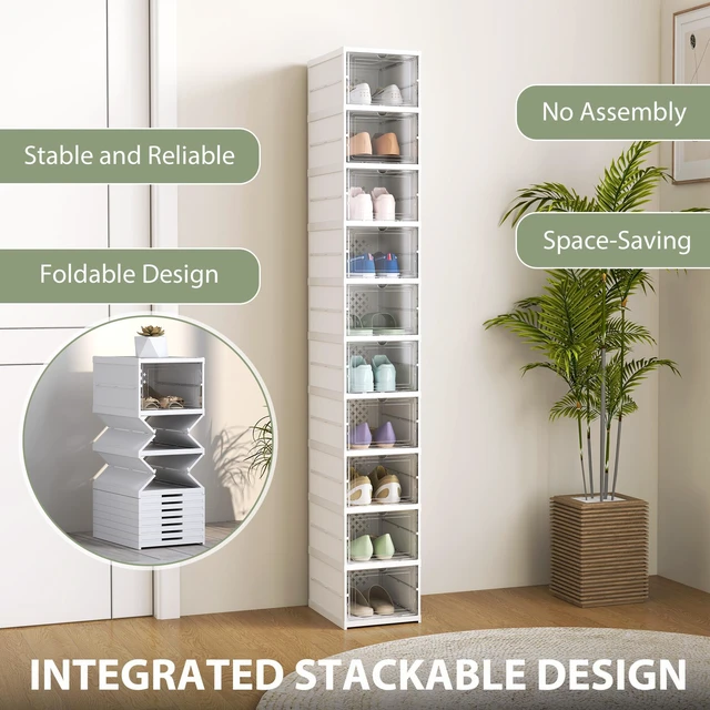 Alt view image 6 of 7 - Pack Foldable Shoe Organizer, Plastic Assembly Stackable Shoe Storage Box with Clear Door Space Saving Fit Size, White