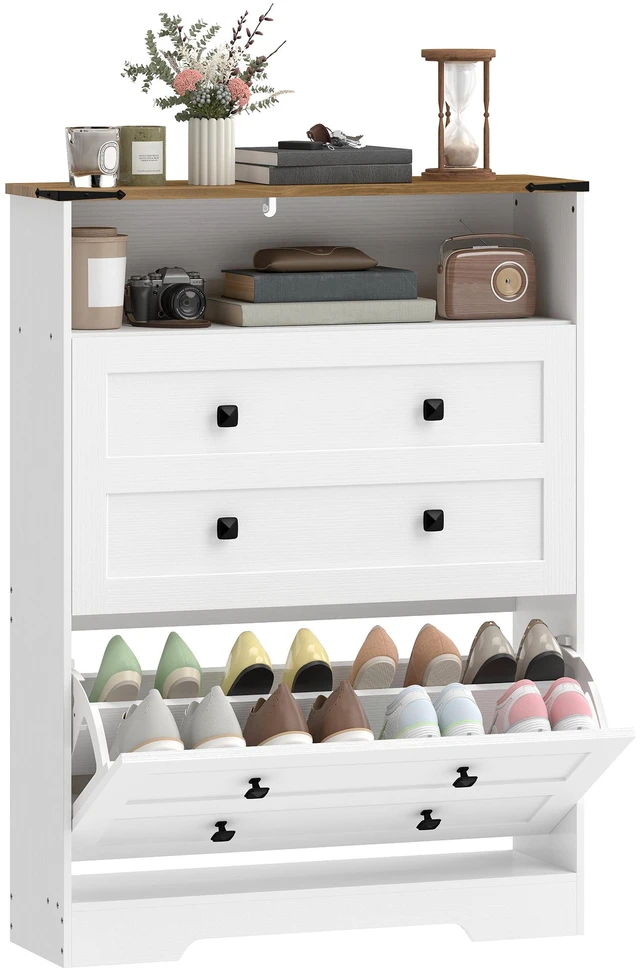 Main image of Shoe Cabinet with Flip Drawers, Narrow Shoe Storage Cabinet with Adjustable Shelves and Open Shelf Storage Organizer
