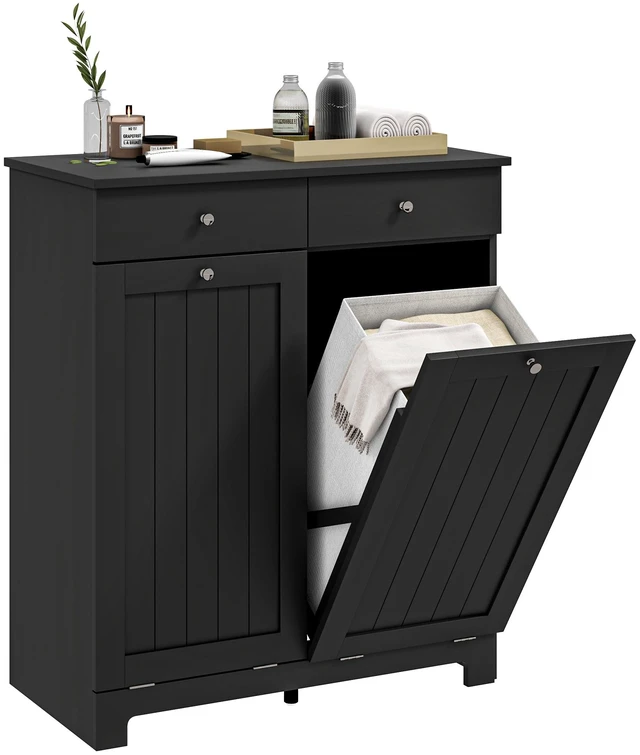 Main image of Cabinet with Removable Baskets, Tilt Out Hamper with 2 Drawers and Beadboard Doors Hamper Cabinet, Black, MDF
