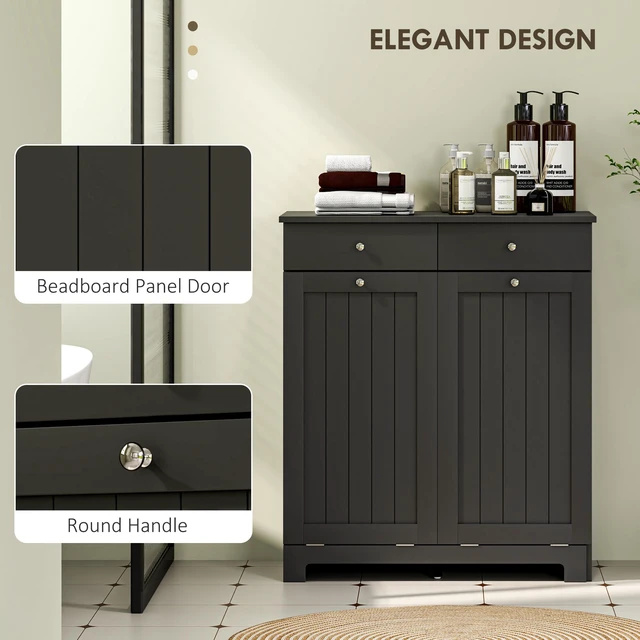 Alt view image 3 of 7 - Cabinet with Removable Baskets, Tilt Out Hamper with 2 Drawers and Beadboard Doors Hamper Cabinet, Black, MDF