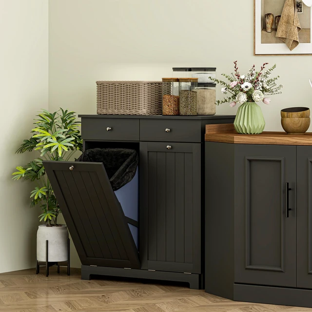 Alt view image 2 of 7 - Cabinet with Removable Baskets, Tilt Out Hamper with 2 Drawers and Beadboard Doors Hamper Cabinet, Black, MDF