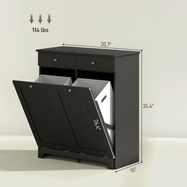 Alt view image 7 of 7 - Cabinet with Removable Baskets, Tilt Out Hamper with 2 Drawers and Beadboard Doors Hamper Cabinet, Black, MDF