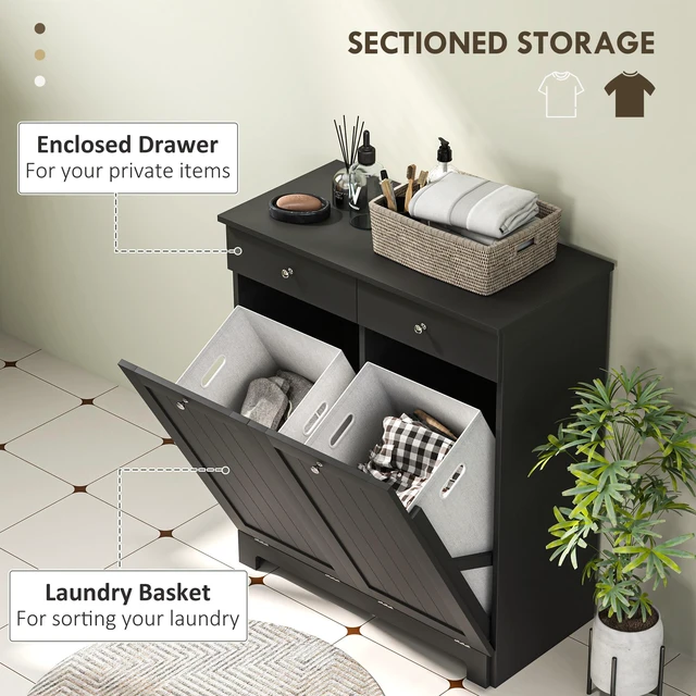 Alt view image 6 of 7 - Cabinet with Removable Baskets, Tilt Out Hamper with 2 Drawers and Beadboard Doors Hamper Cabinet, Black, MDF
