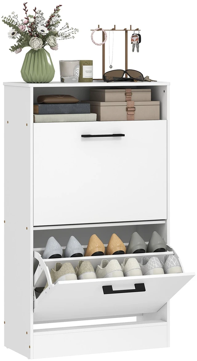 Main image of Shoe Cabinet with Flip Drawers and Open Shelf, Narrow Shoe Storage Cabinet with Adjustable Dividers Entryway Storage