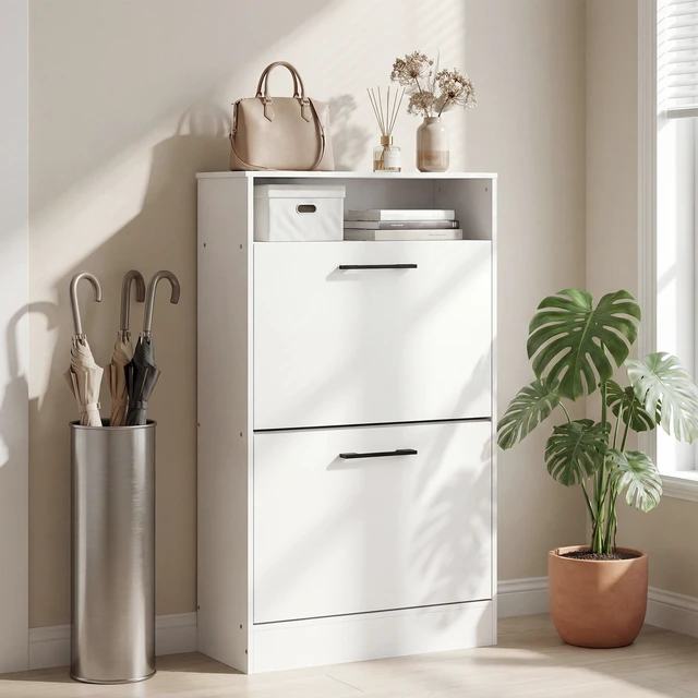 Alt view image 2 of 7 - Shoe Cabinet with Flip Drawers and Open Shelf, Narrow Shoe Storage Cabinet with Adjustable Dividers Entryway Storage