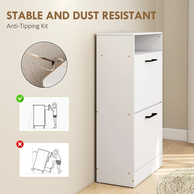 Alt view image 3 of 7 - Shoe Cabinet with Flip Drawers and Open Shelf, Narrow Shoe Storage Cabinet with Adjustable Dividers Entryway Storage