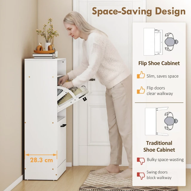 Alt view image 5 of 7 - Shoe Cabinet with Flip Drawers and Open Shelf, Narrow Shoe Storage Cabinet with Adjustable Dividers Entryway Storage