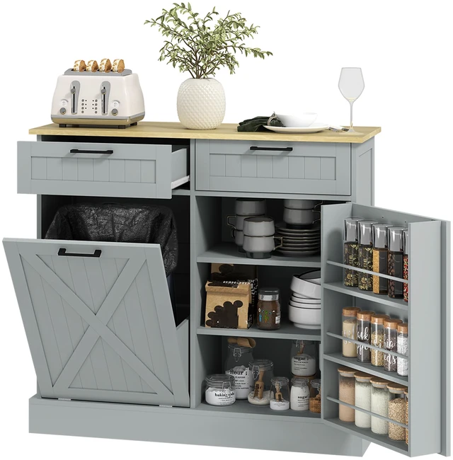 Main image of Tilt Out Trash Can Cabinet, 10 Gallon Kitchen Cabinet with Hidden Trash Can and 2 Drawers for Pantry Kitchen, Gray, MDF