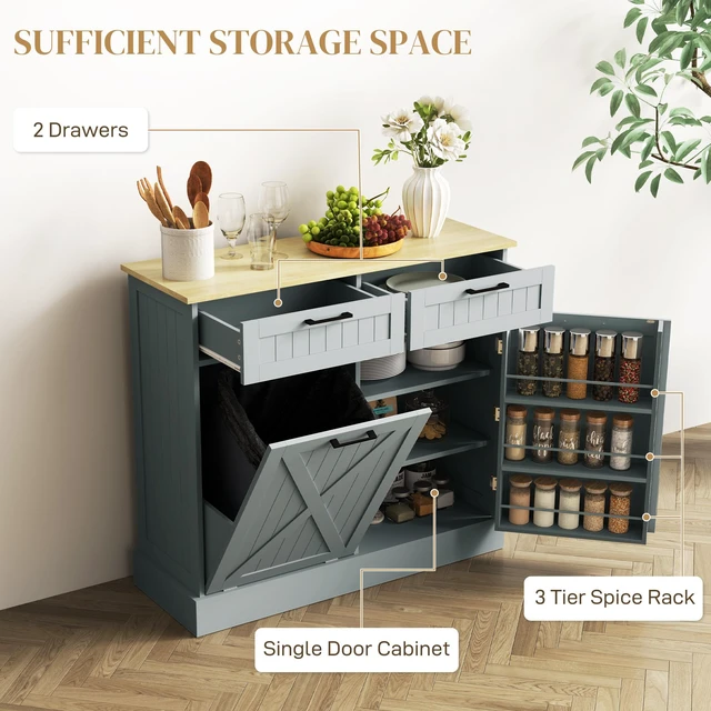 Alt view image 4 of 7 - Tilt Out Trash Can Cabinet, 10 Gallon Kitchen Cabinet with Hidden Trash Can and 2 Drawers for Pantry Kitchen, Gray, MDF
