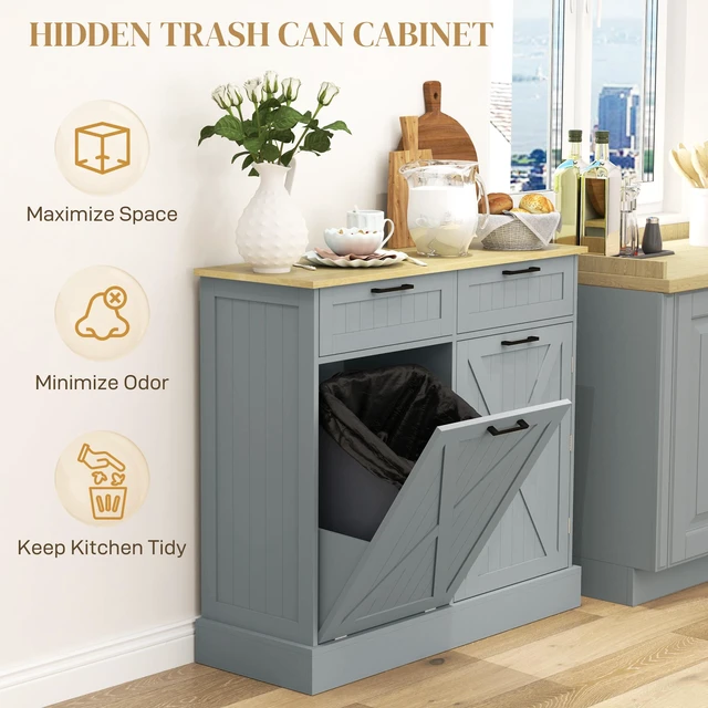 Alt view image 6 of 7 - Tilt Out Trash Can Cabinet, 10 Gallon Kitchen Cabinet with Hidden Trash Can and 2 Drawers for Pantry Kitchen, Gray, MDF