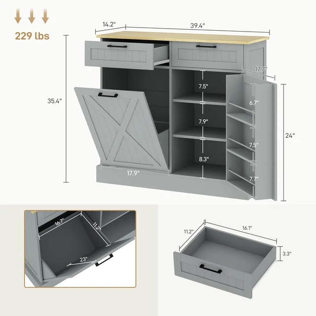 Alt view image 7 of 7 - Tilt Out Trash Can Cabinet, 10 Gallon Kitchen Cabinet with Hidden Trash Can and 2 Drawers for Pantry Kitchen, Gray, MDF