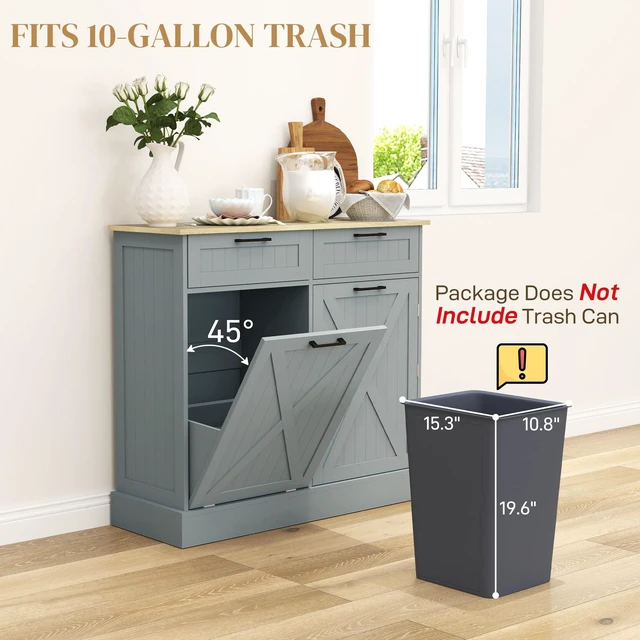 Alt view image 5 of 7 - Tilt Out Trash Can Cabinet, 10 Gallon Kitchen Cabinet with Hidden Trash Can and 2 Drawers for Pantry Kitchen, Gray, MDF