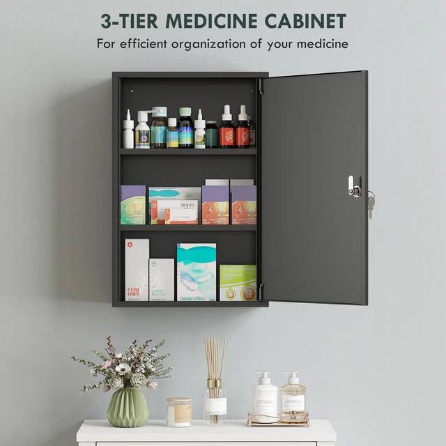 Alt view image 3 of 7 - Steel Wall Mount Medicine Cabinet 3 Tier Emergency Box for Kitchen, Lockable with Keys, Black, Metal