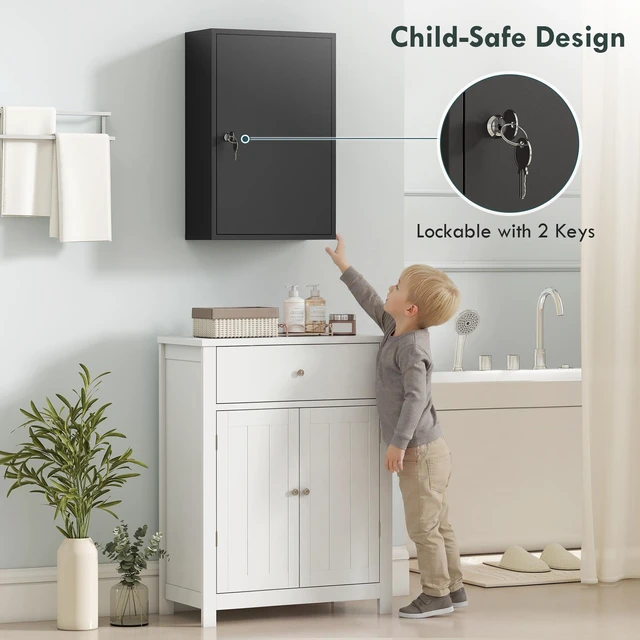 Alt view image 4 of 7 - Steel Wall Mount Medicine Cabinet 3 Tier Emergency Box for Kitchen, Lockable with Keys, Black, Metal
