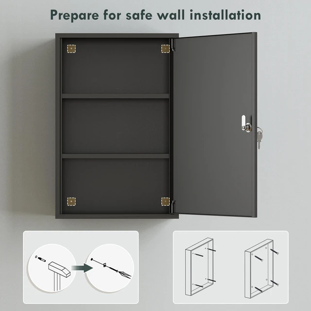 Alt view image 2 of 7 - Steel Wall Mount Medicine Cabinet 3 Tier Emergency Box for Kitchen, Lockable with Keys, Black, Metal
