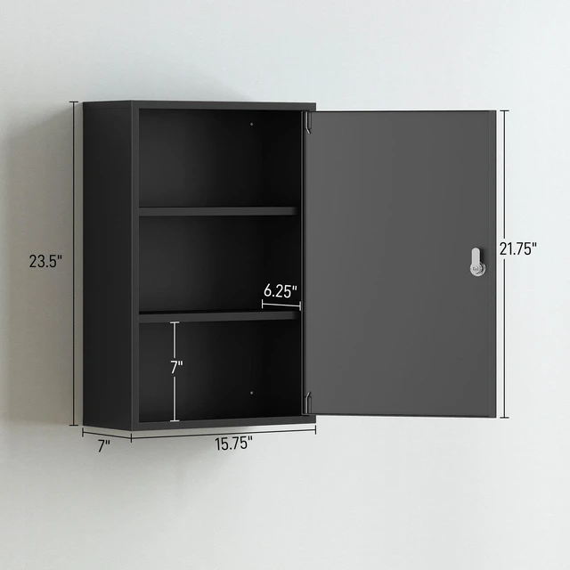 Alt view image 5 of 7 - Steel Wall Mount Medicine Cabinet 3 Tier Emergency Box for Kitchen, Lockable with Keys, Black, Metal