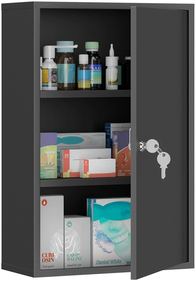 Main image of Steel Wall Mount Medicine Cabinet 3 Tier Emergency Box for Kitchen, Lockable with Keys, Black, Metal