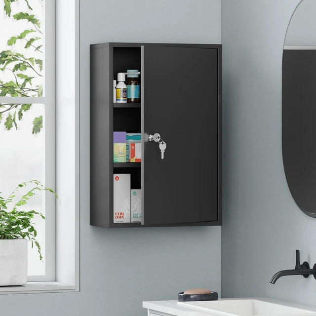 Alt view image 7 of 7 - Steel Wall Mount Medicine Cabinet 3 Tier Emergency Box for Kitchen, Lockable with Keys, Black, Metal