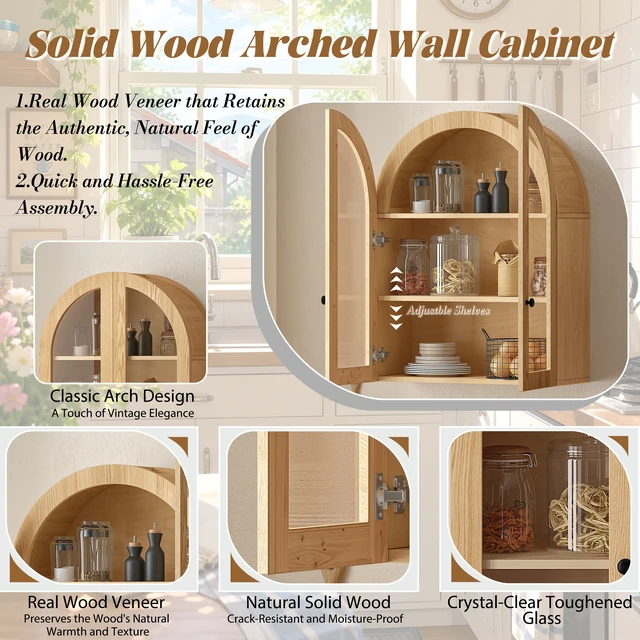 Alt view image 6 of 7 - Arched Wall Mounted Cabinet, Veneer Wall Storage Cabinet with Tempered Glass Doors Adjustable Shelf Easy Hanging