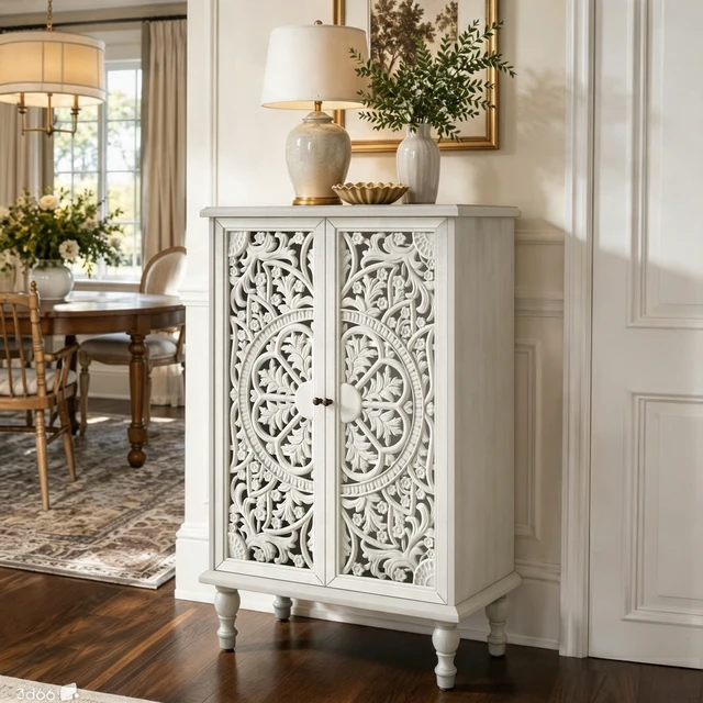 Alt view image 2 of 7 - 47 Inch Tall Accent Cabinet with Doors and Storage, Hollow Carved Double Door Display Cabinet with Adjustable Shelf