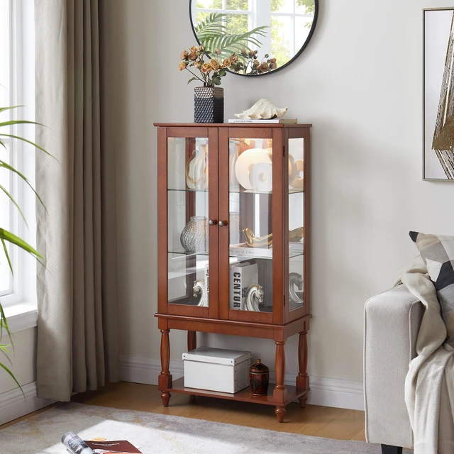 Alt view image 3 of 5 - Curio Cabinet Lighted Curio Display Cabinet with Open Storage Space, Solid Wood Legs and Adjustable Shelves Acrylic